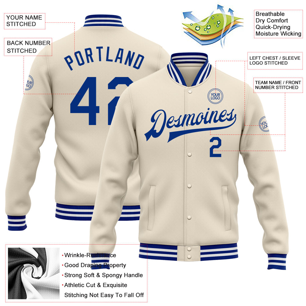 Custom Cream Royal-White Bomber Full-Snap Varsity Letterman Jacket