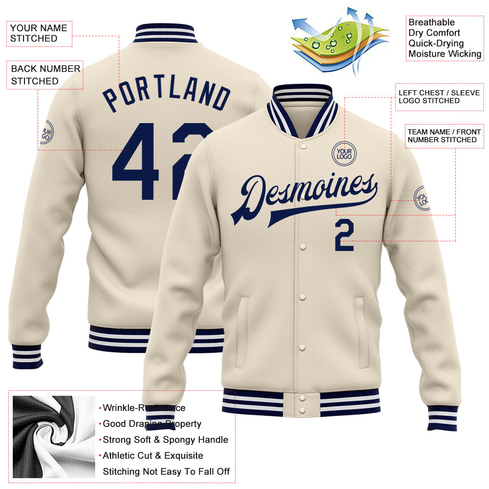 Custom Cream Navy-White Bomber Full-Snap Varsity Letterman Jacket