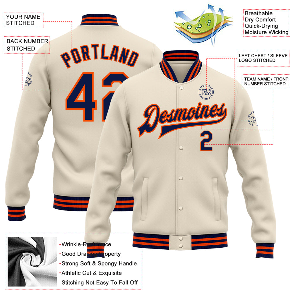 Custom Cream Navy-Orange Bomber Full-Snap Varsity Letterman Jacket