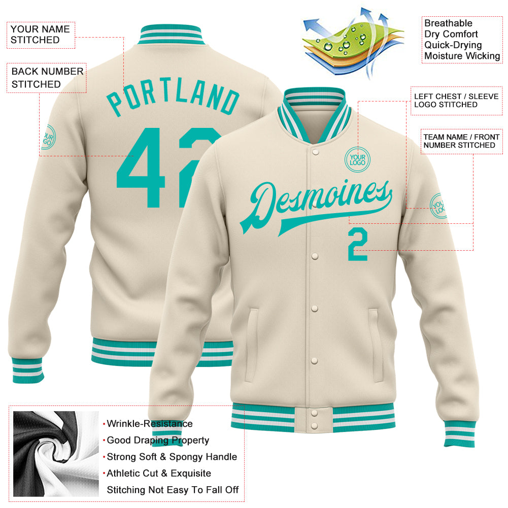 Custom Cream Aqua-White Bomber Full-Snap Varsity Letterman Jacket