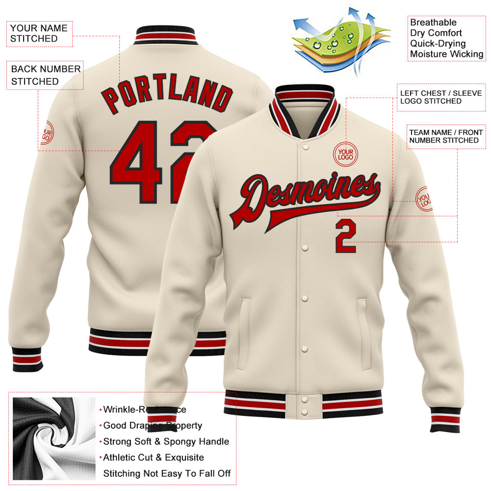 Custom Cream Red-Black Bomber Full-Snap Varsity Letterman Jacket