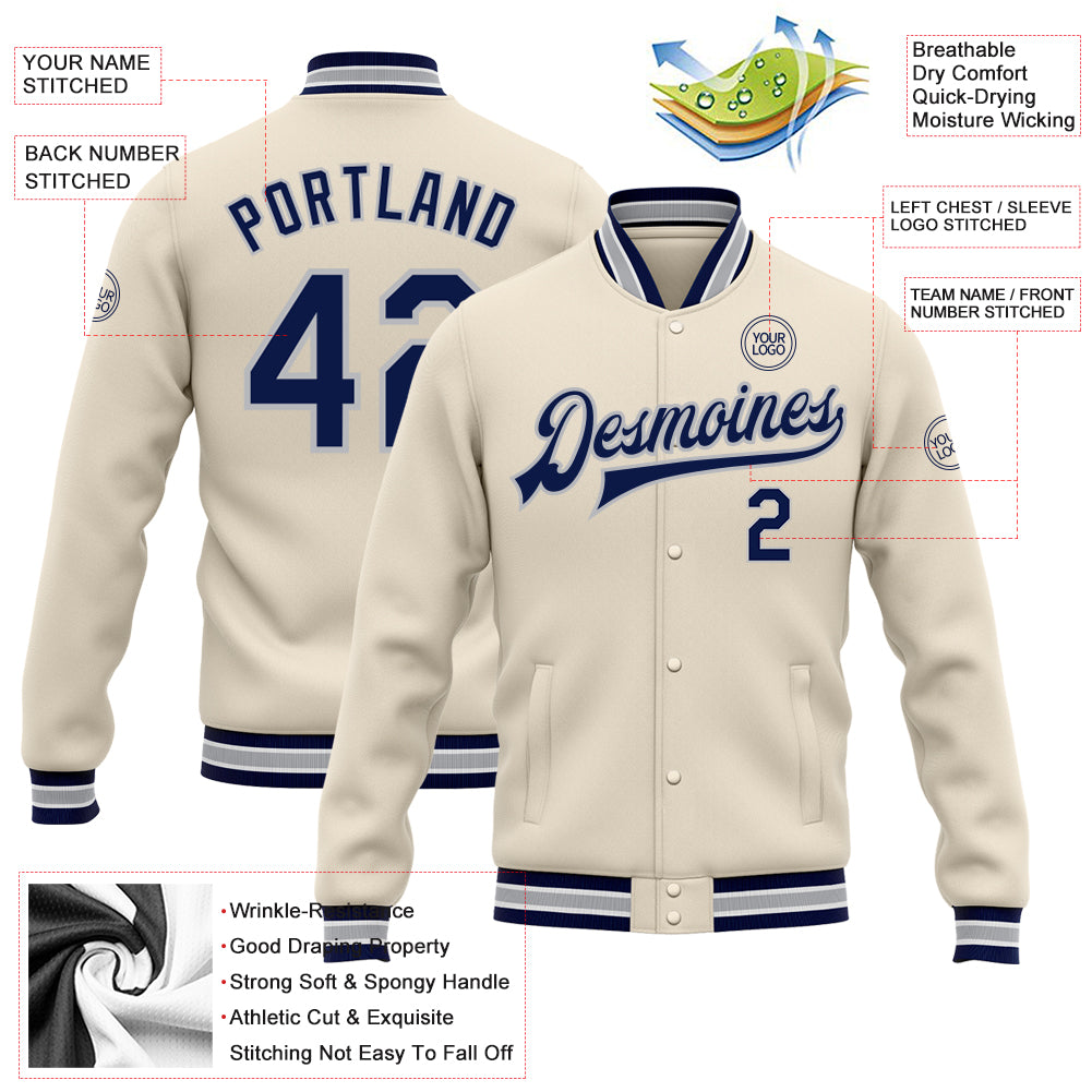 Custom Cream Navy-Gray Bomber Full-Snap Varsity Letterman Jacket