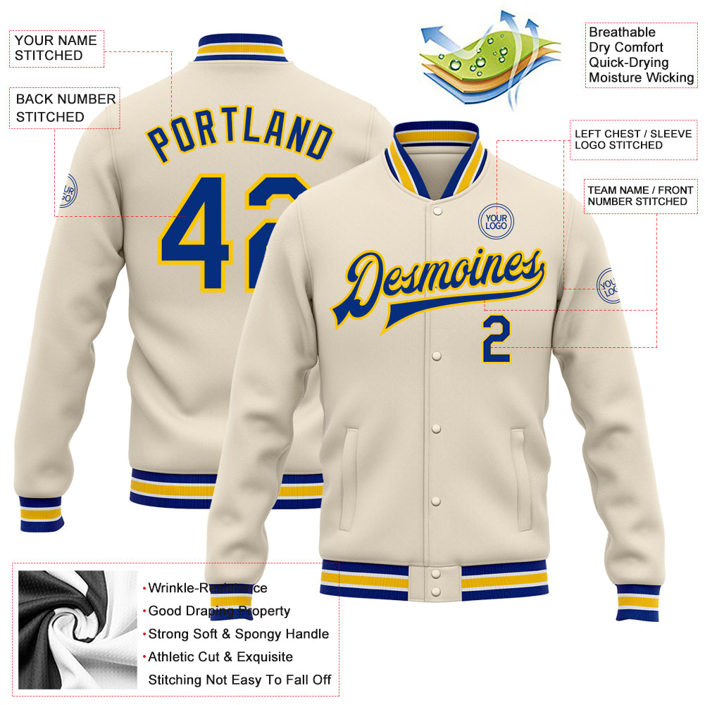 Custom Cream Royal-Yellow Bomber Full-Snap Varsity Letterman Jacket