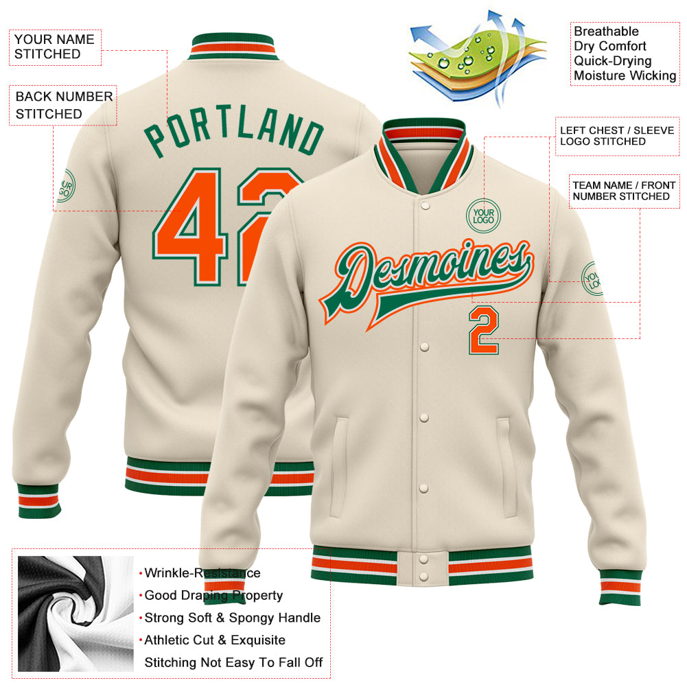 Custom Cream Orange-Kelly Green Bomber Full-Snap Varsity Letterman Jacket