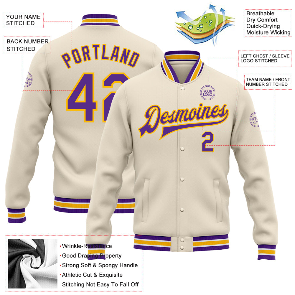 Custom Cream Purple-Gold Bomber Full-Snap Varsity Letterman Jacket