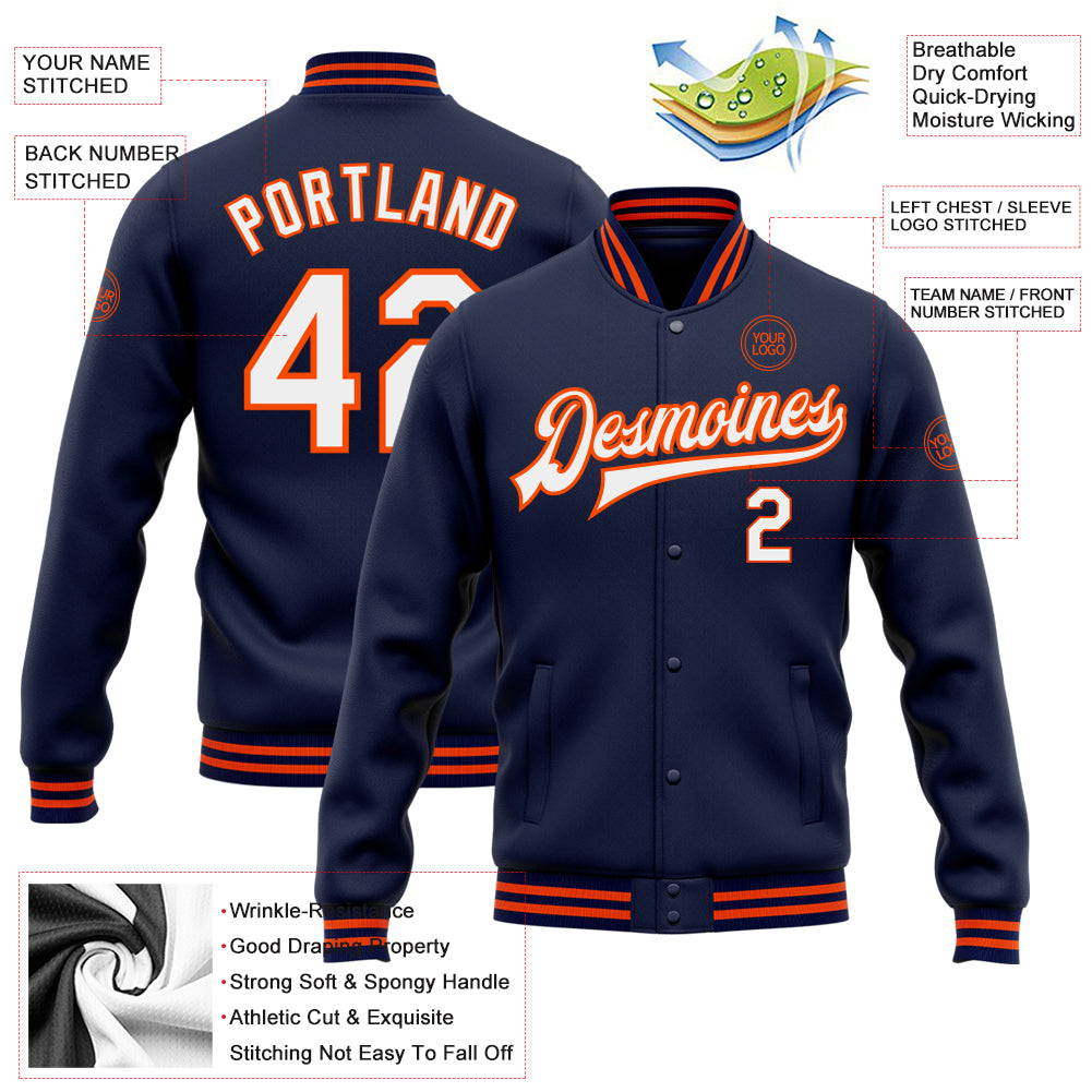 Custom Navy White-Orange Bomber Full-Snap Varsity Letterman Jacket