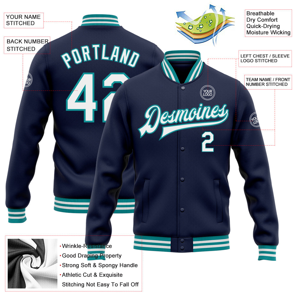 Custom Navy White-Teal Bomber Full-Snap Varsity Letterman Jacket