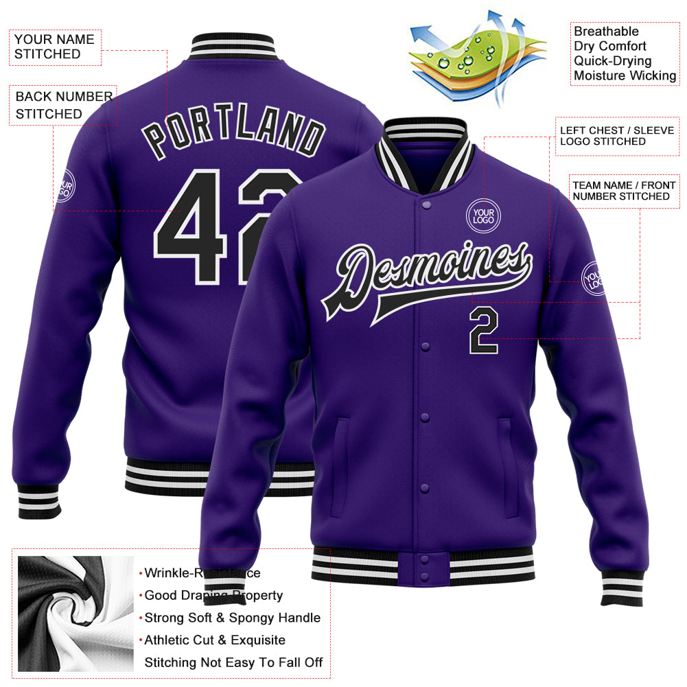 Custom Purple Black-White Bomber Full-Snap Varsity Letterman Jacket