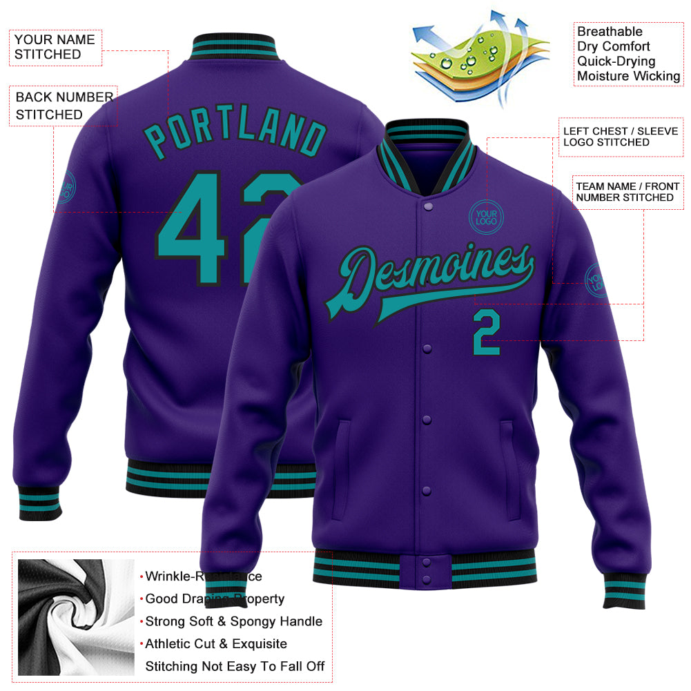 Custom Purple Teal-Black Bomber Full-Snap Varsity Letterman Jacket