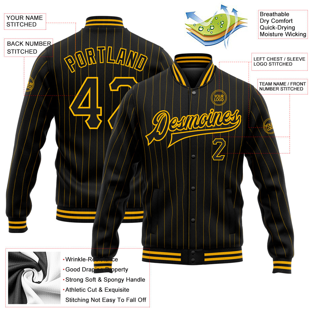 Custom Black Gold Pinstripe Gold Bomber Full-Snap Varsity Letterman Jacket