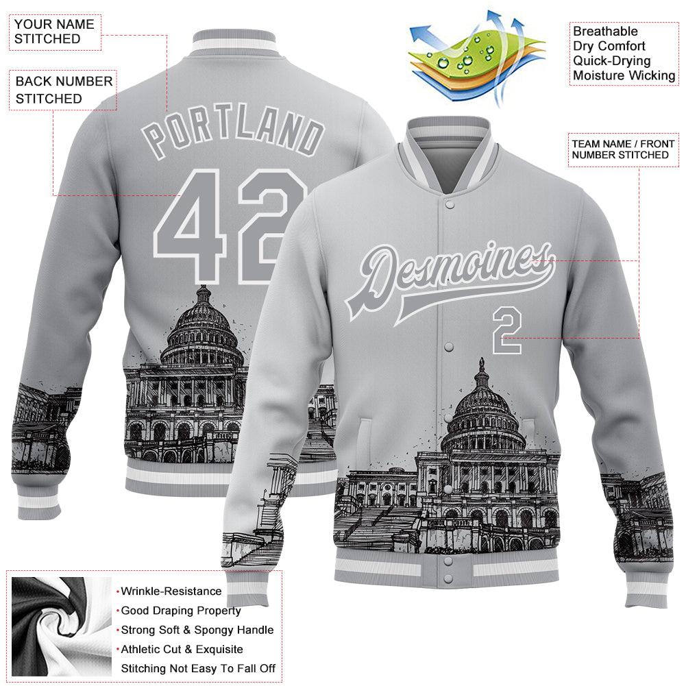 Custom Gray White-Black United States Capitol 3D Pattern Design Bomber Full-Snap Varsity Letterman Jacket