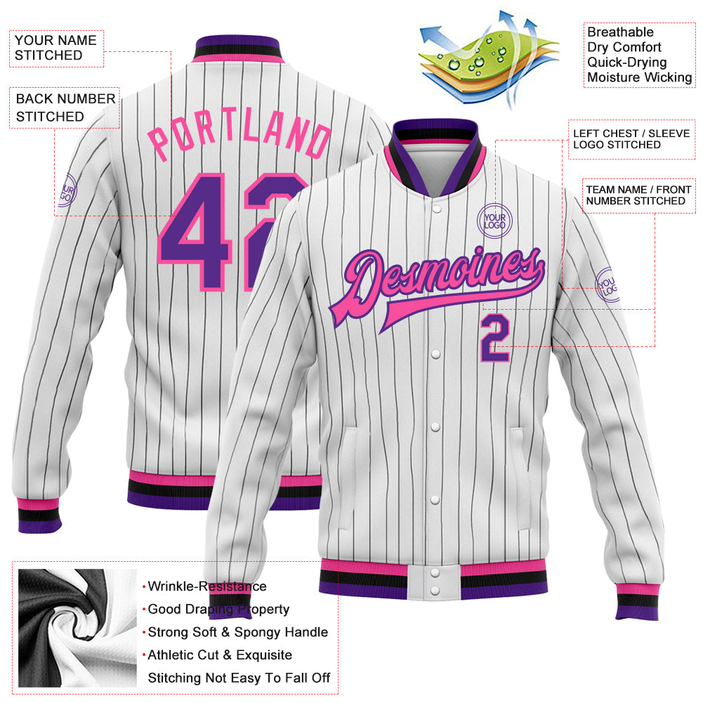 Custom White Black Pinstripe Purple-Pink Bomber Full-Snap Varsity Letterman Jacket