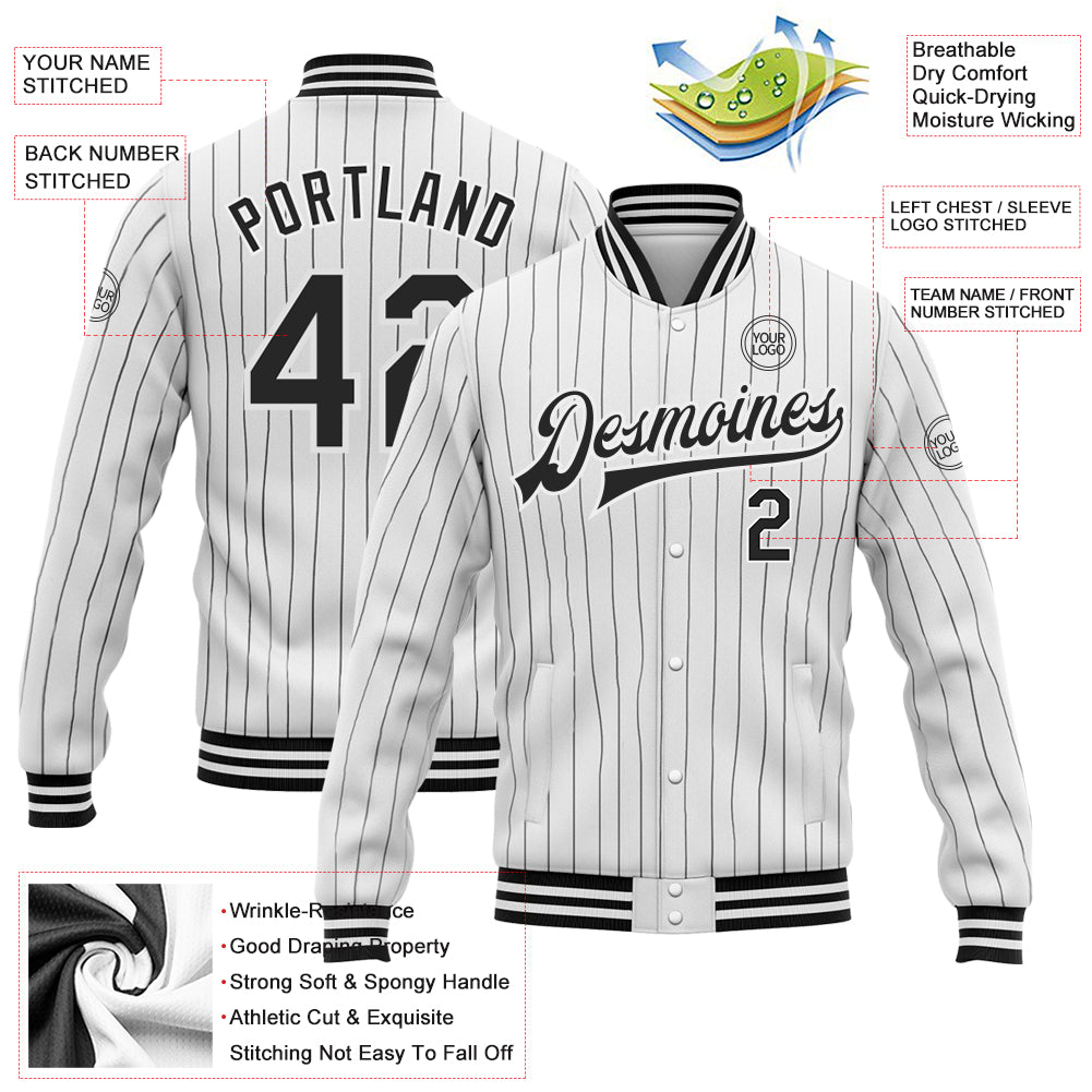 Custom White Black Pinstripe Black Bomber Full-Snap Varsity Letterman Jacket