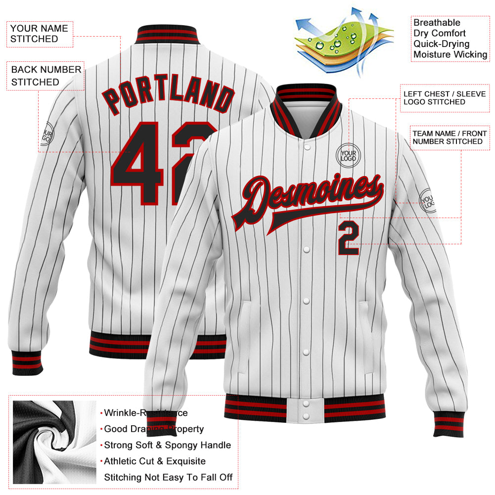 Custom White Black Pinstripe Red Bomber Full-Snap Varsity Letterman Jacket