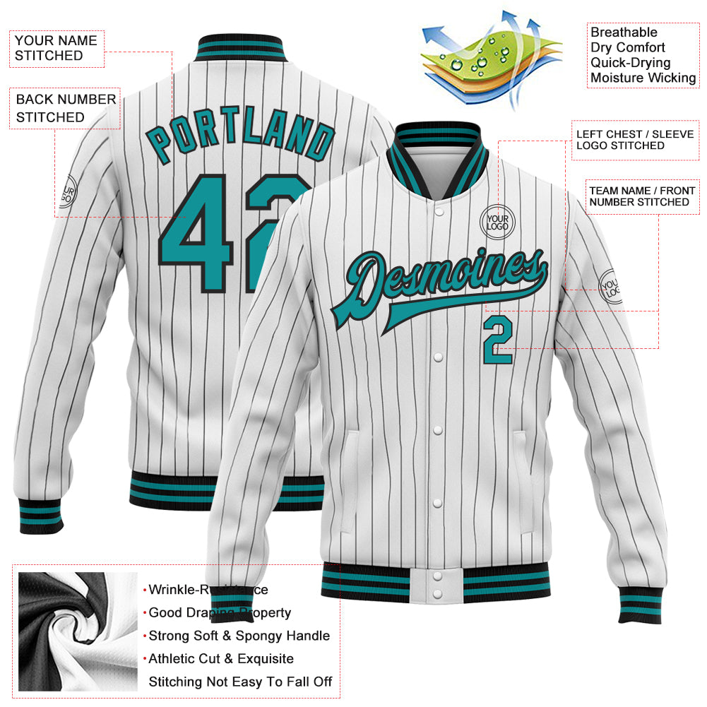 Custom White Black Pinstripe Teal Bomber Full-Snap Varsity Letterman Jacket