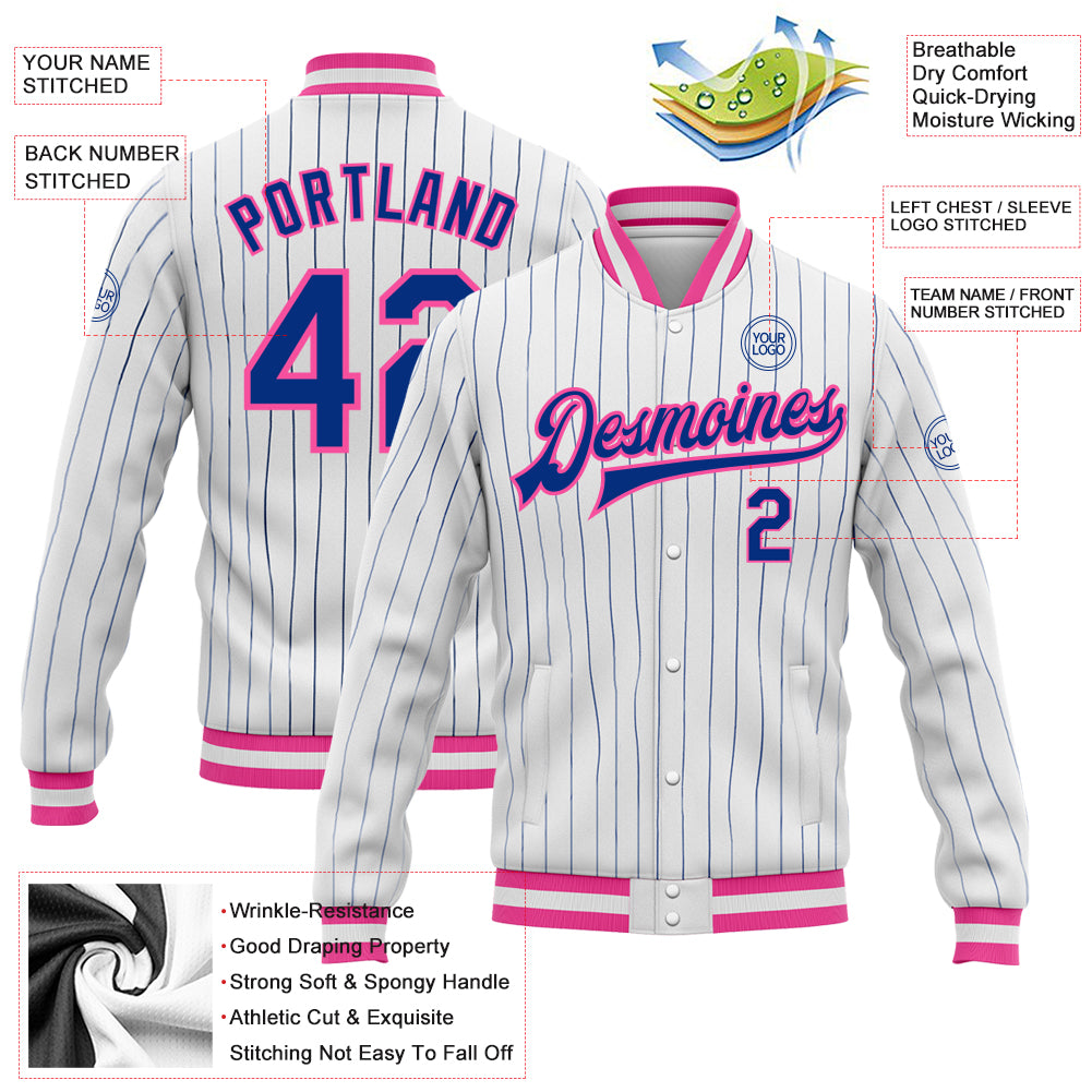 Custom White Royal Pinstripe Pink Bomber Full-Snap Varsity Letterman Jacket