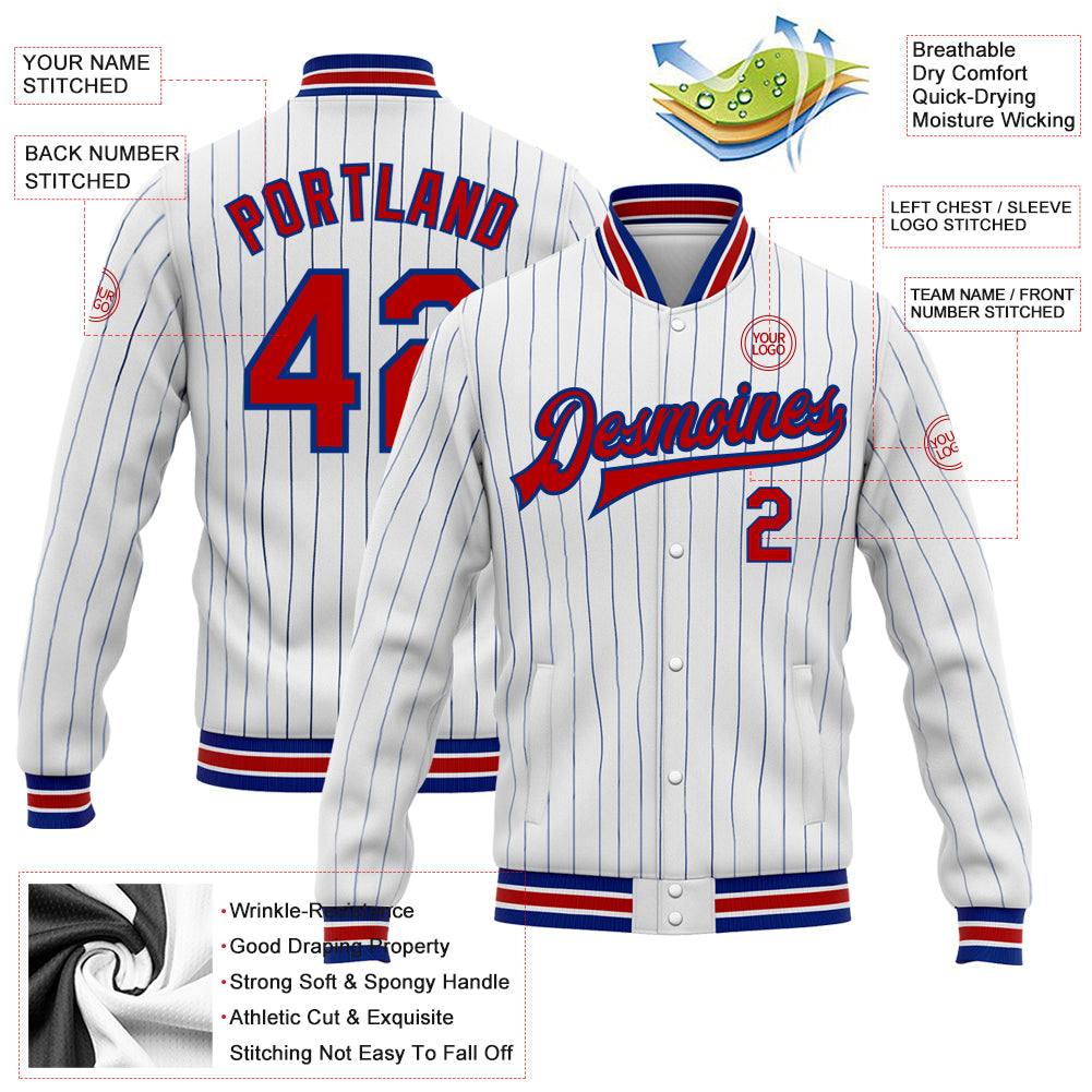 Custom White Royal Pinstripe Red Bomber Full-Snap Varsity Letterman Jacket