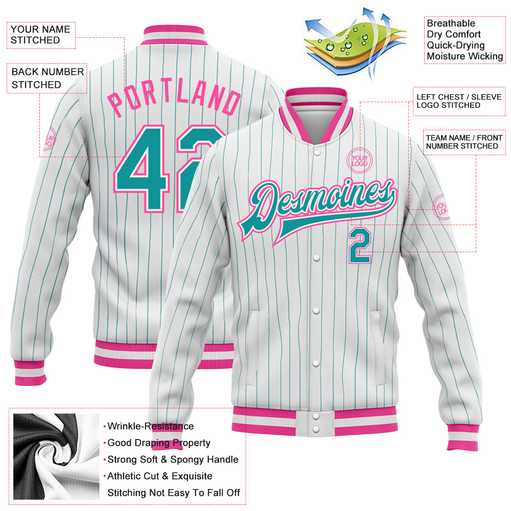 Custom White Teal Pinstripe Pink Bomber Full-Snap Varsity Letterman Jacket