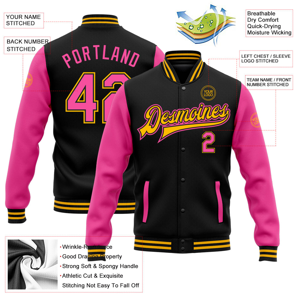 Custom Black Pink-Gold Bomber Full-Snap Varsity Letterman Two Tone Jacket