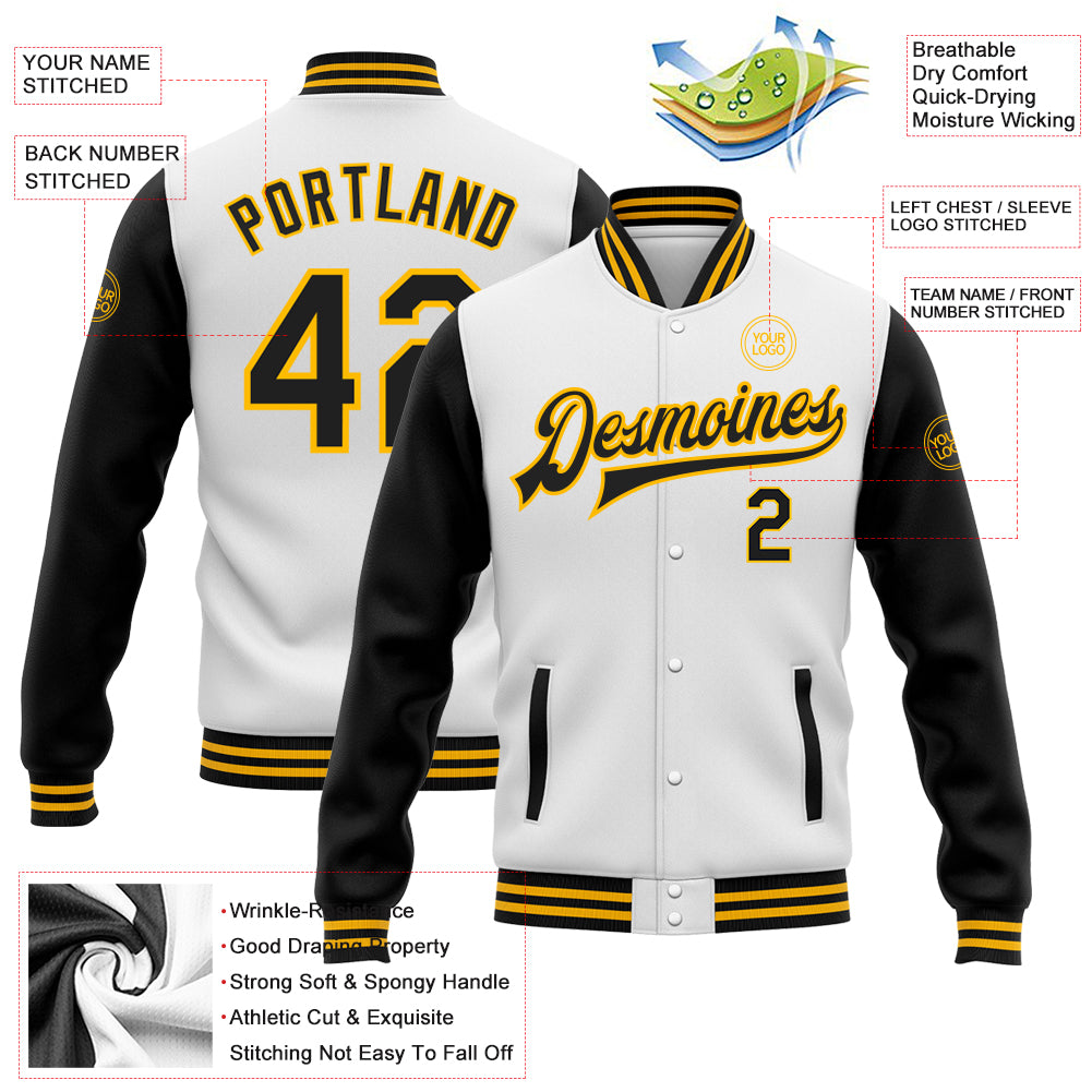 Custom White Black-Gold Bomber Full-Snap Varsity Letterman Two Tone Jacket