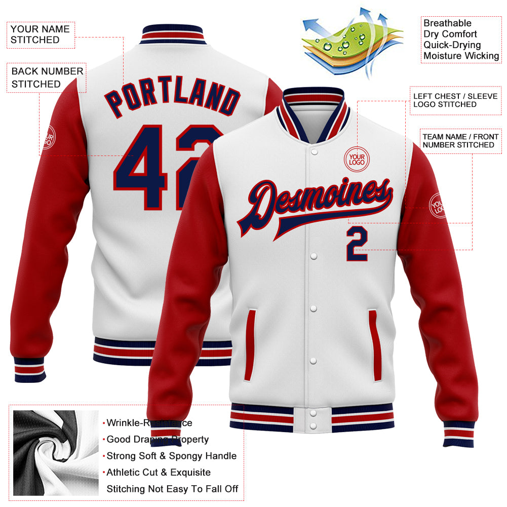 Custom White Navy-Red Bomber Full-Snap Varsity Letterman Two Tone Jacket