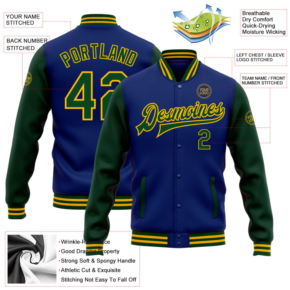 Custom Royal Green-Gold Bomber Full-Snap Varsity Letterman Two Tone Jacket