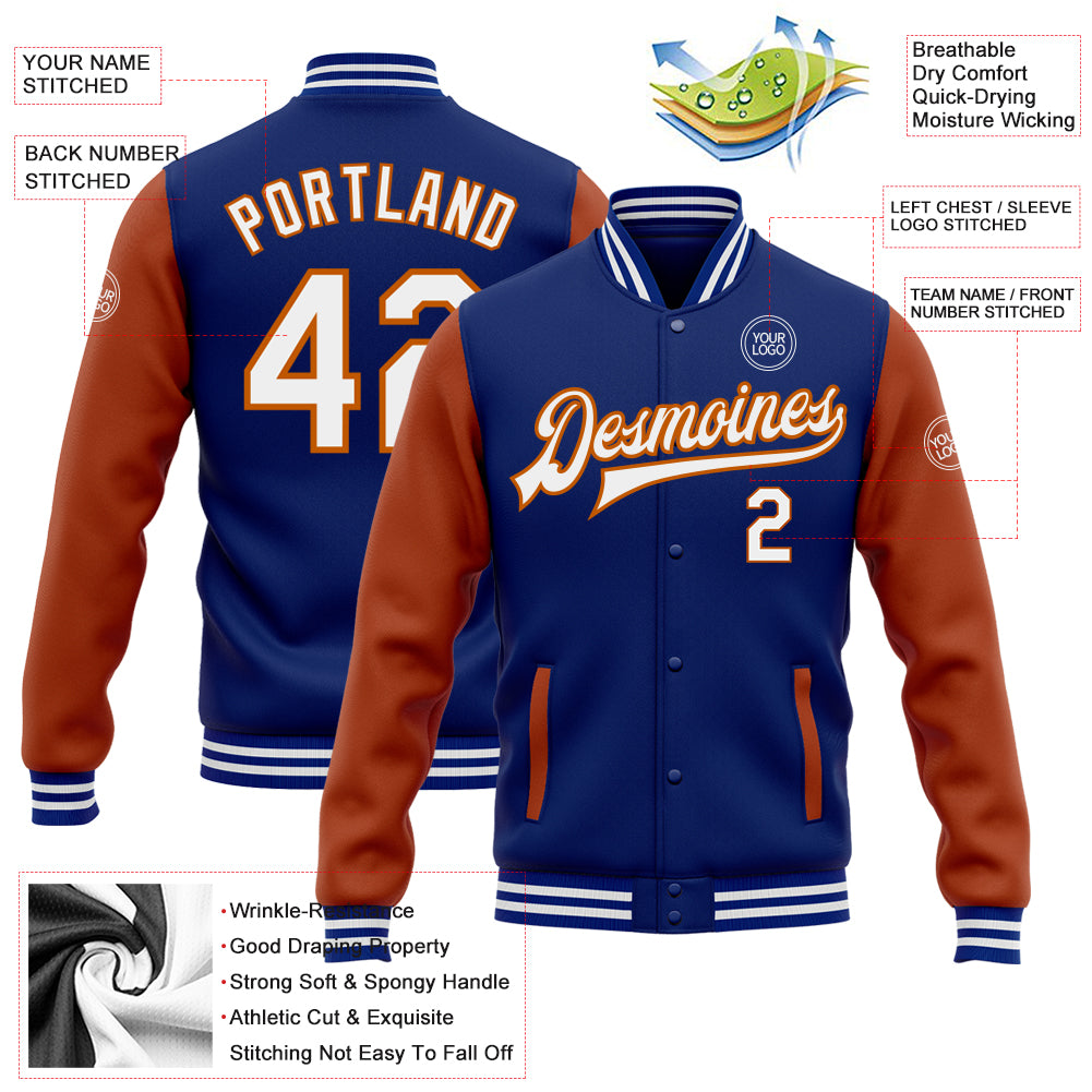 Custom Royal White-Texas Orange Bomber Full-Snap Varsity Letterman Two Tone Jacket