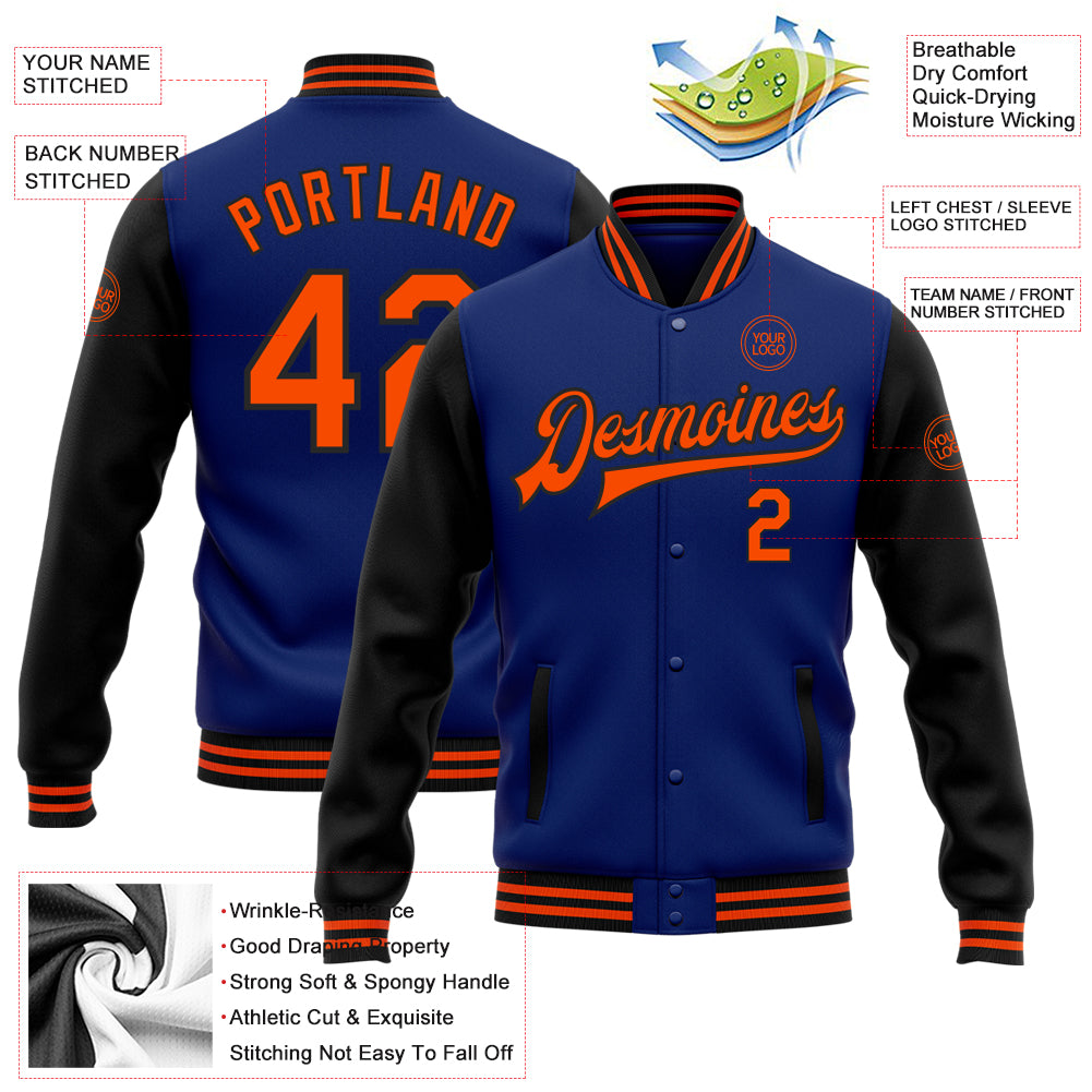 Custom Royal Orange-Black Bomber Full-Snap Varsity Letterman Two Tone Jacket