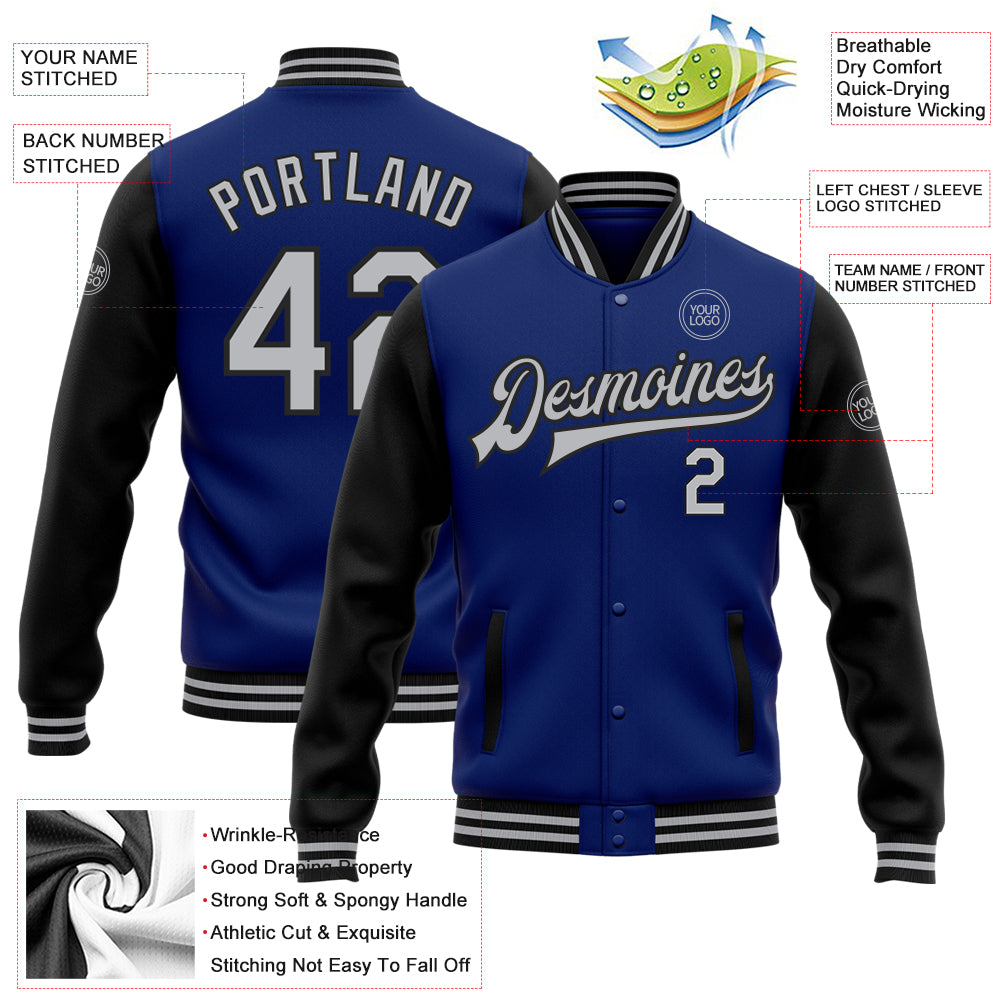 Custom Royal Gray-Black Bomber Full-Snap Varsity Letterman Two Tone Jacket