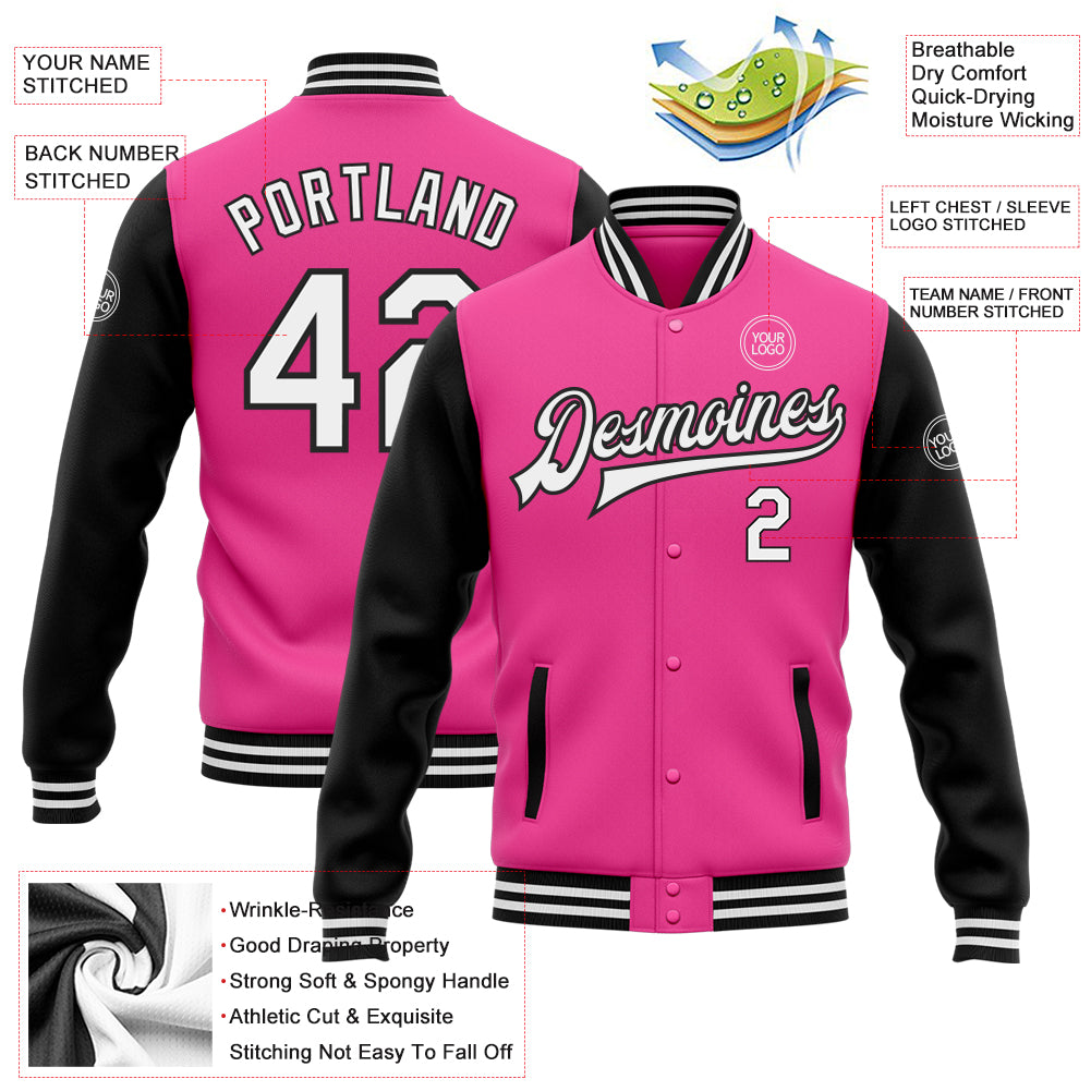 Custom Pink White-Black Bomber Full-Snap Varsity Letterman Two Tone Jacket