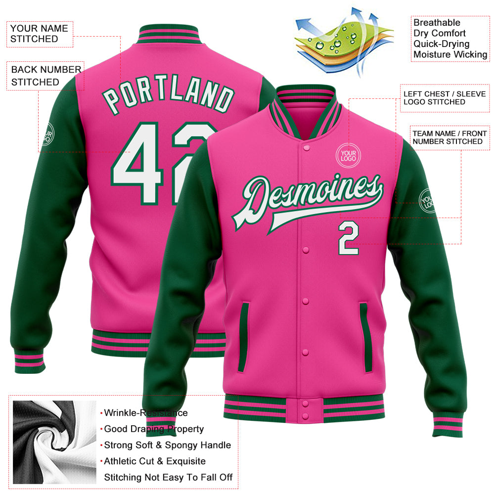 Custom Pink White-Kelly Green Bomber Full-Snap Varsity Letterman Two Tone Jacket