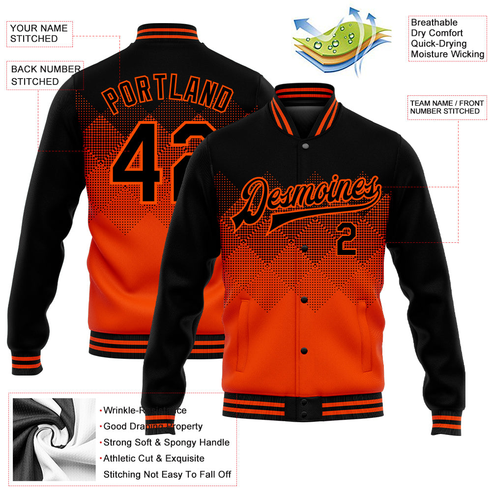 Custom Orange Black 3D Pattern Design Bomber Full-Snap Varsity Letterman Jacket