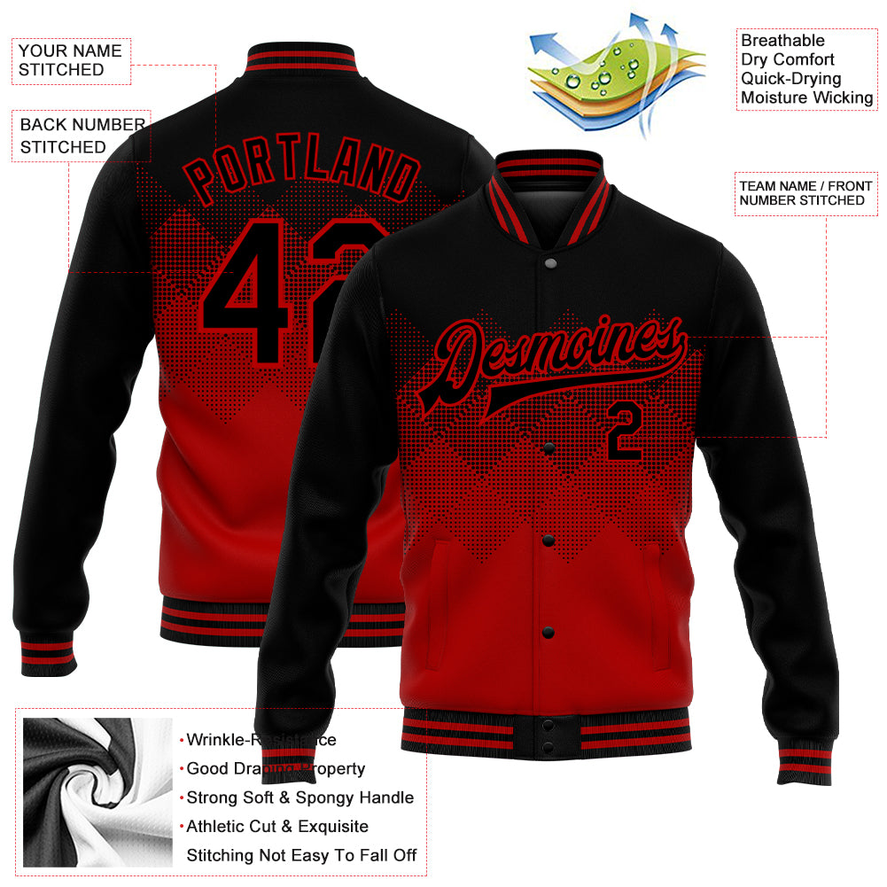 Custom Red Black 3D Pattern Design Bomber Full-Snap Varsity Letterman Jacket