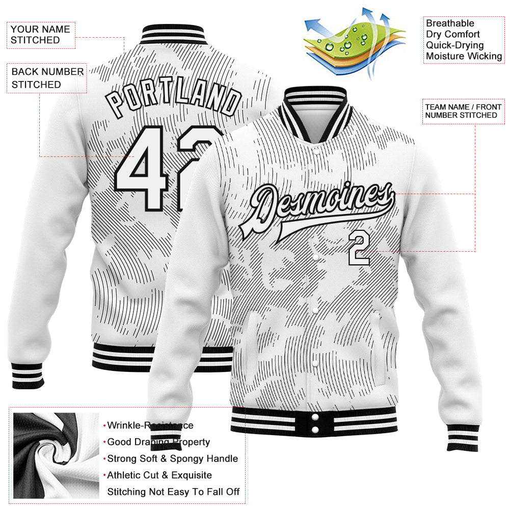 Custom White Black 3D Pattern Design Bomber Full-Snap Varsity Letterman Jacket