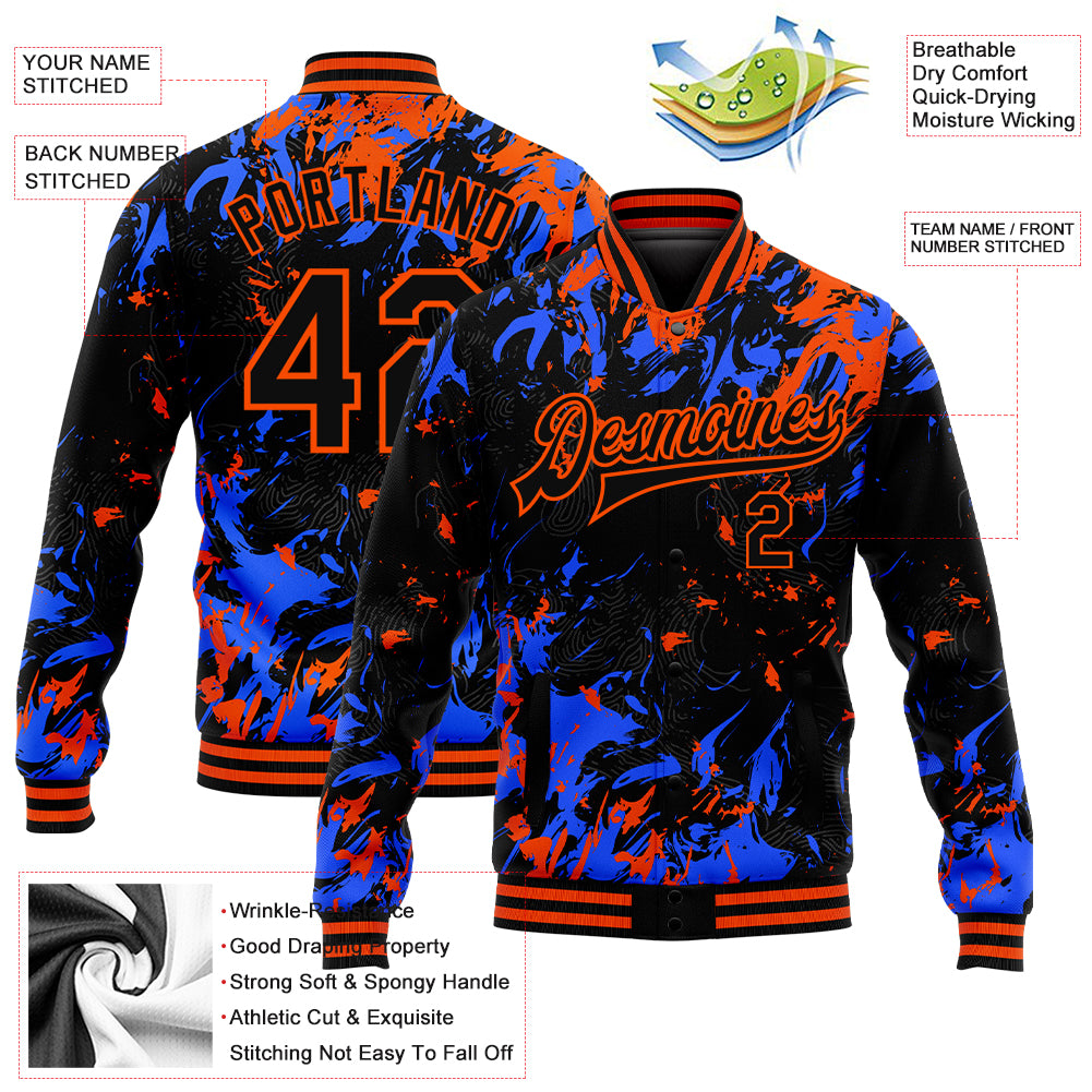 Custom Black Orange-Royal 3D Pattern Design Bomber Full-Snap Varsity Letterman Jacket