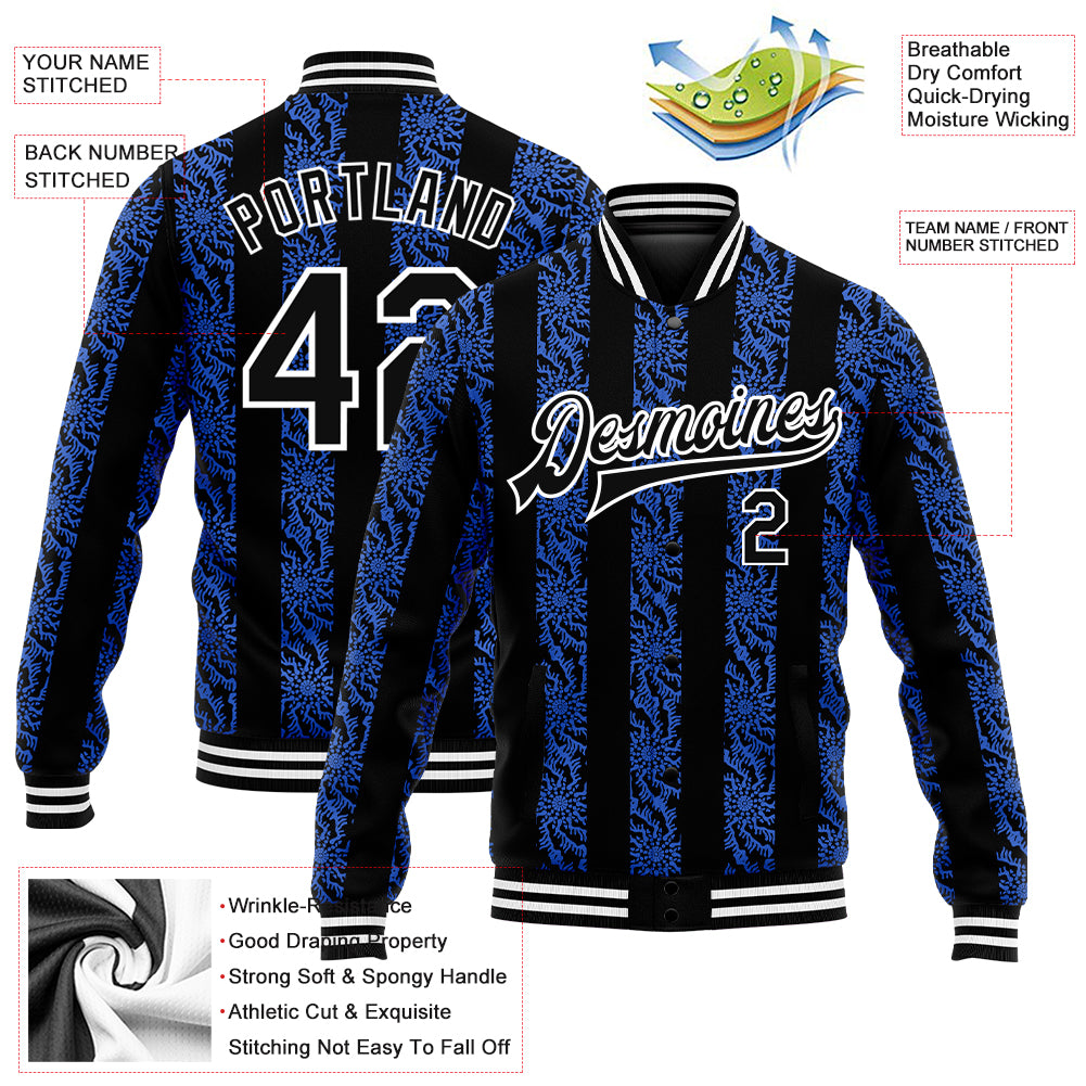 Custom Royal Black-White 3D Pattern Design Bomber Full-Snap Varsity Letterman Jacket