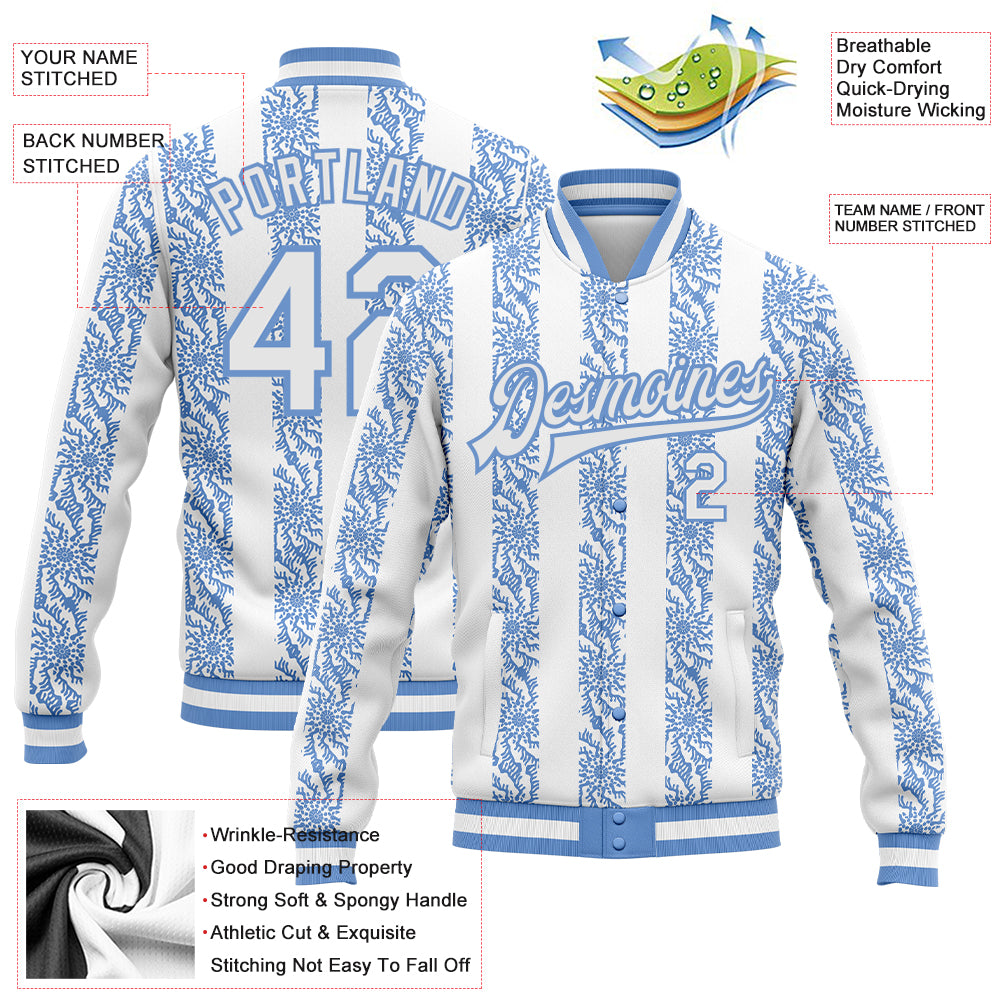 Custom Light Blue-White 3D Pattern Design Bomber Full-Snap Varsity Letterman Jacket