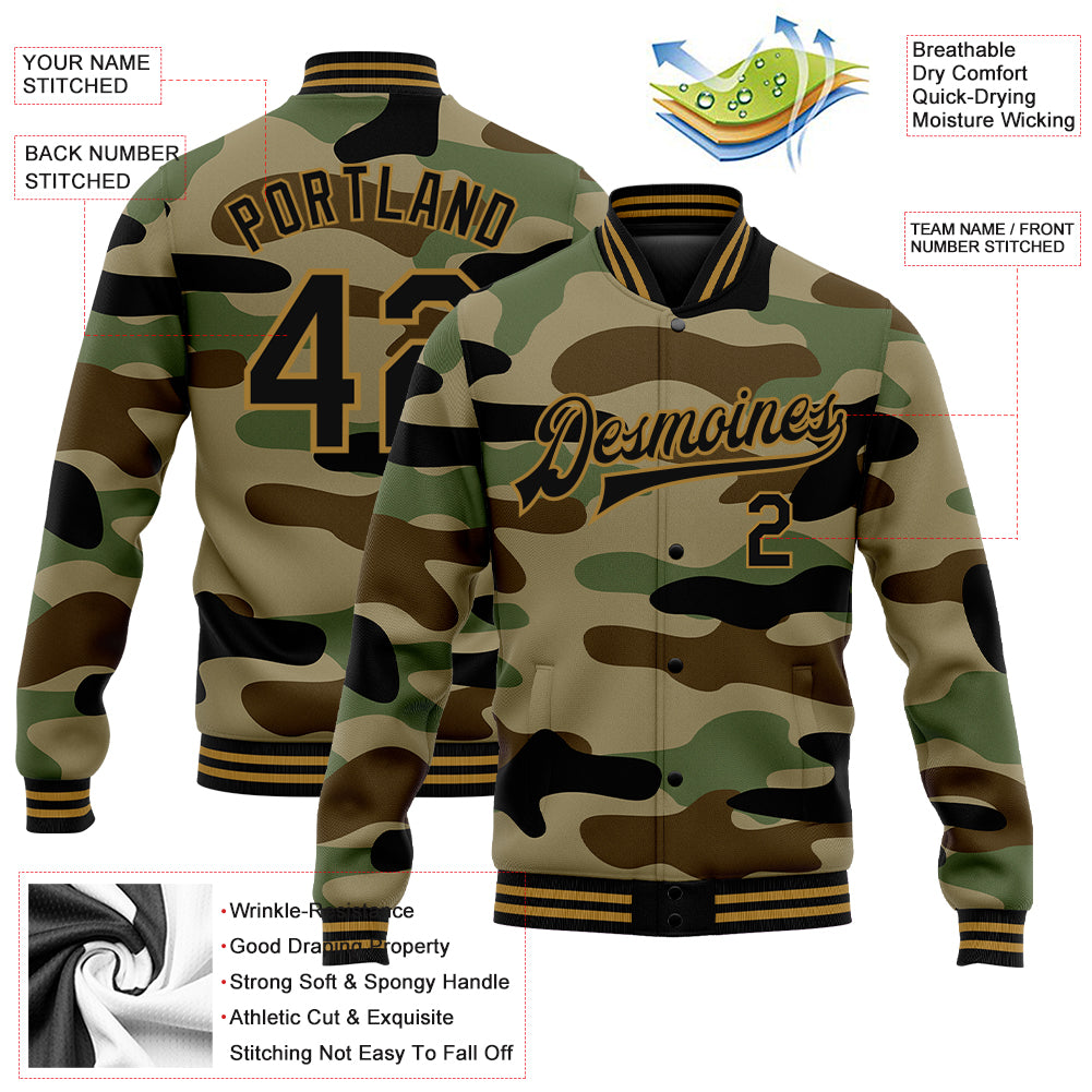 Custom Camo Black-Old Gold Jungle Camouflage 3D Bomber Full-Snap Varsity Letterman Salute To Service Jacket