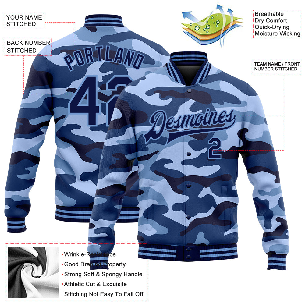 Custom Camo Navy-Light Blue Ocean Camouflage 3D Bomber Full-Snap Varsity Letterman Salute To Service Jacket