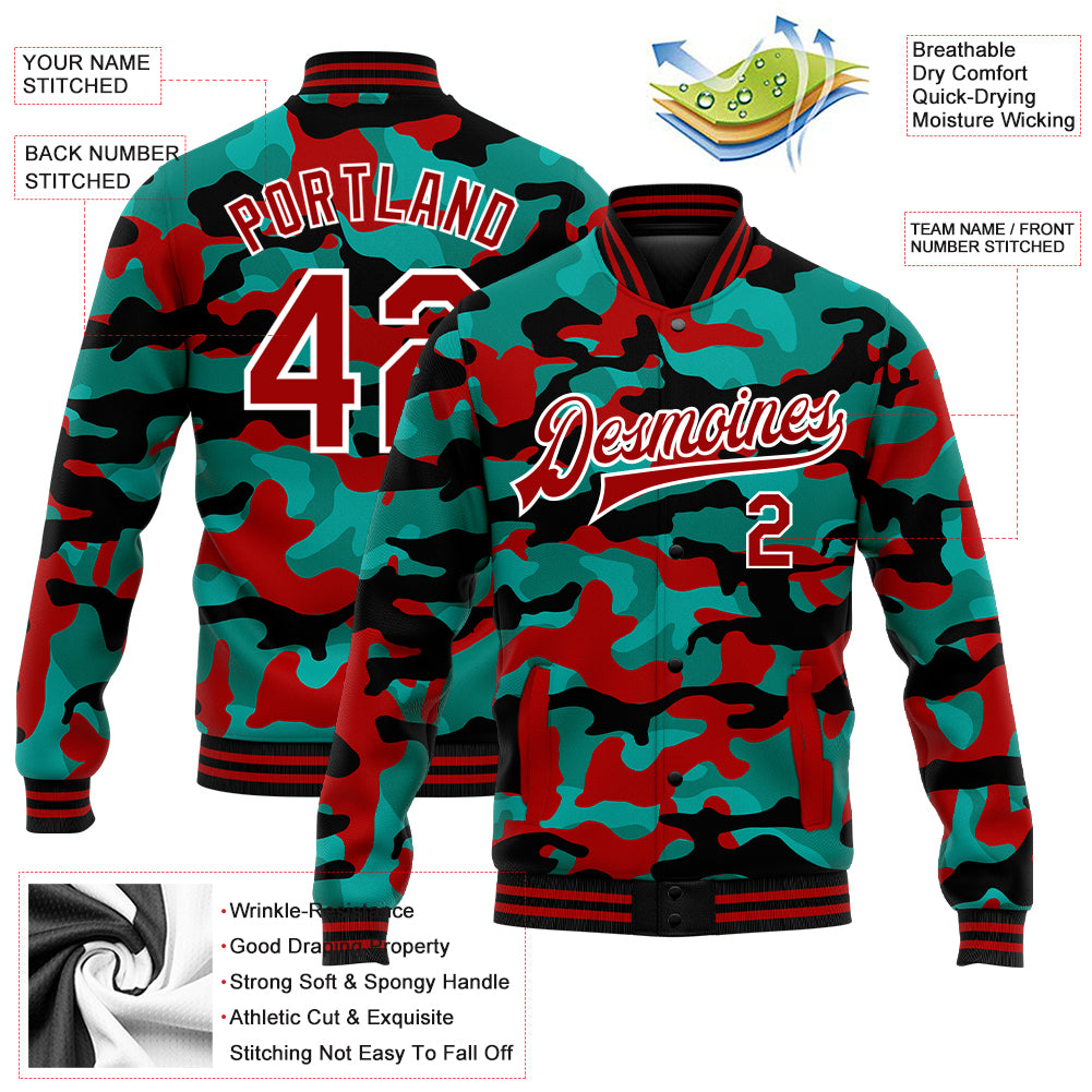 Custom Camo Red-White Fluorescent Camouflage 3D Bomber Full-Snap Varsity Letterman Salute To Service Jacket