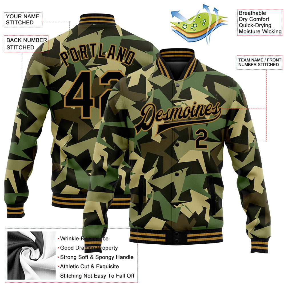 Custom Camo Black-Old Gold Geometric Camouflage 3D Bomber Full-Snap Varsity Letterman Salute To Service Jacket