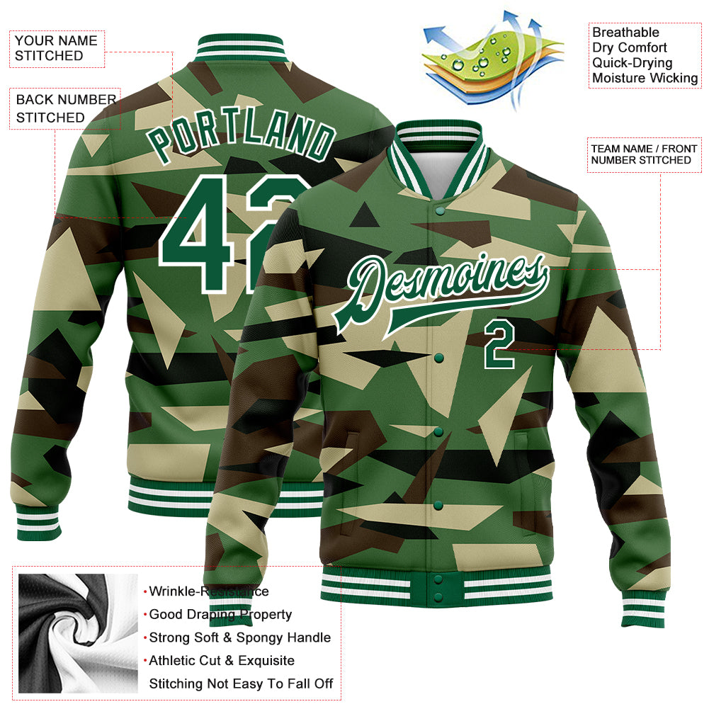 Custom Camo Kelly Green-White Geometric Camouflage 3D Bomber Full-Snap Varsity Letterman Salute To Service Jacket