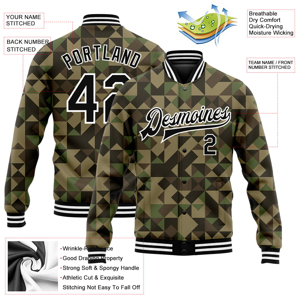 Custom Camo Black-White Geometric Camouflage 3D Bomber Full-Snap Varsity Letterman Salute To Service Jacket