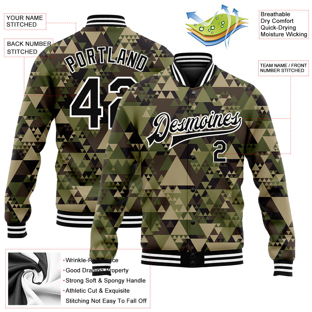 Custom Camo Black-White Geometric Camouflage 3D Bomber Full-Snap Varsity Letterman Salute To Service Jacket
