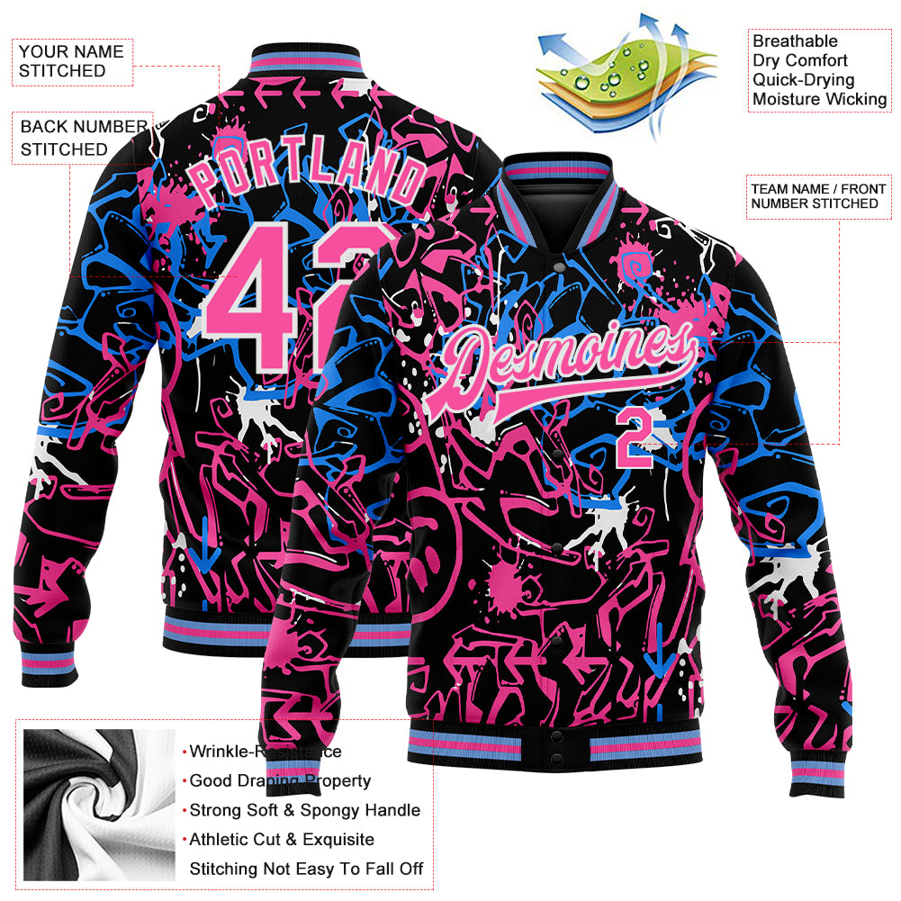 Custom Graffiti Pattern Pink-White Abstract Grunge Art 3D Bomber Full-Snap Varsity Letterman Jacket