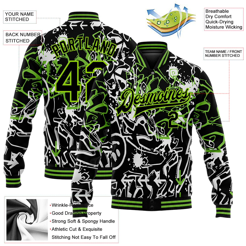 Custom Graffiti Pattern Black-Neon Green Abstract Grunge Art 3D Bomber Full-Snap Varsity Letterman Jacket