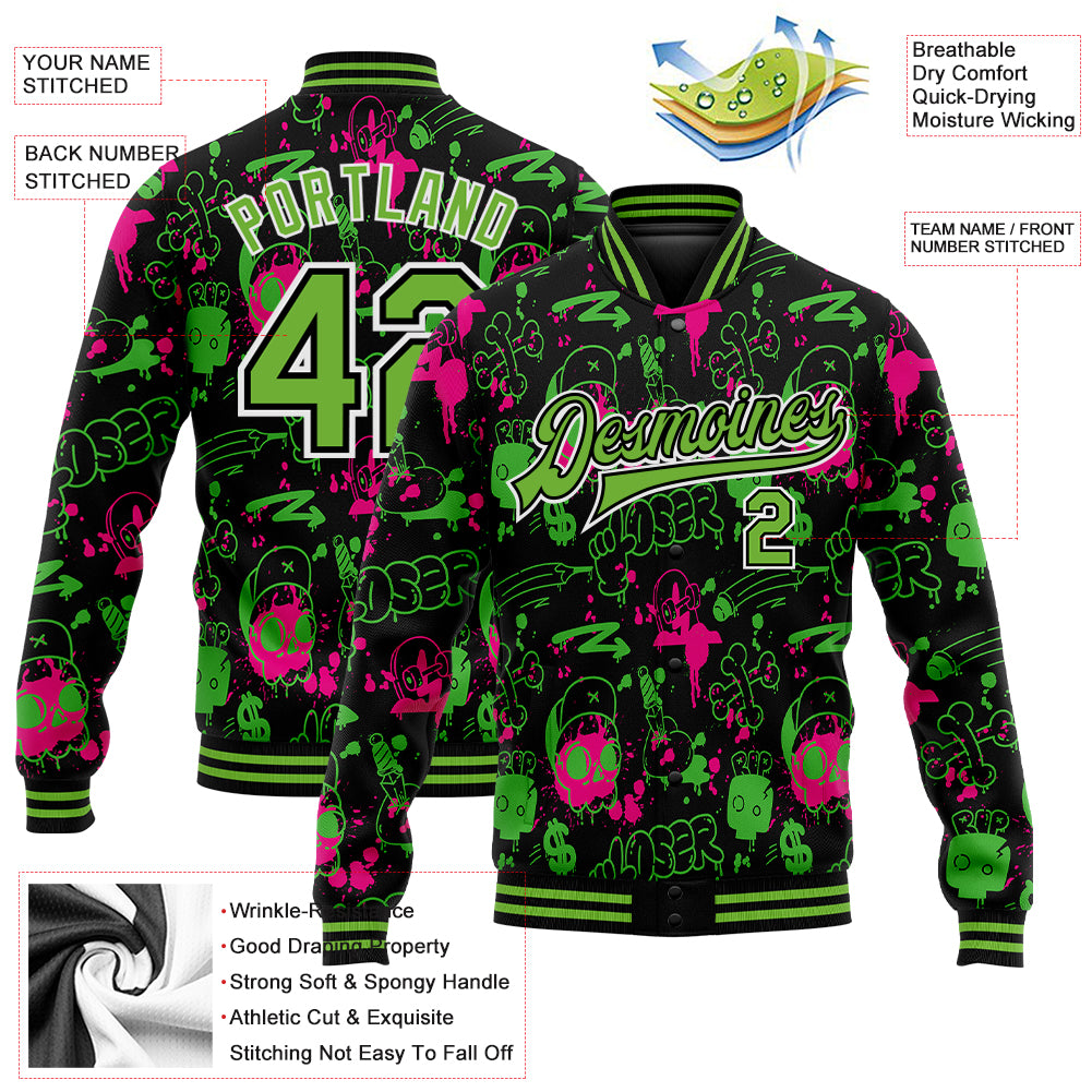 Custom Graffiti Pattern Neon Green-Black Abstract Grunge Art 3D Bomber Full-Snap Varsity Letterman Jacket