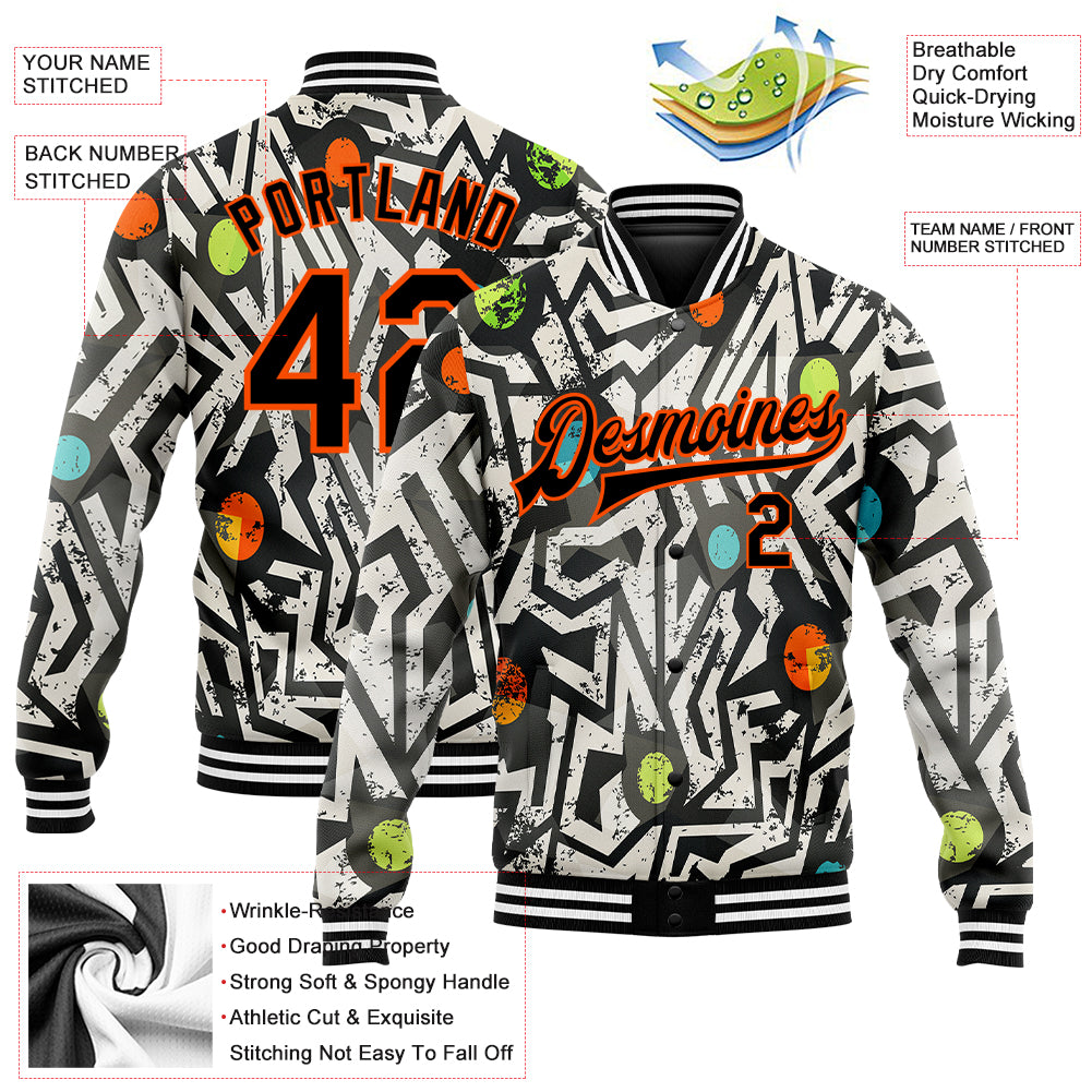 Custom Graffiti Pattern Black-Orange Modern Geometric Grunge Art 3D Bomber Full-Snap Varsity Letterman Jacket