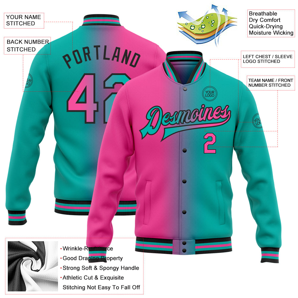 Custom aqua pink-black bomber jacket with full-snap varsity letterman design and gradient fashion style, free shipping4