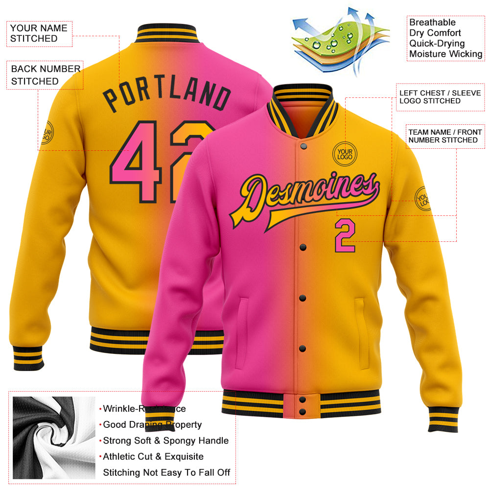 Custom Gold Pink-Black Bomber Full-Snap Varsity Letterman Gradient Fashion Jacket